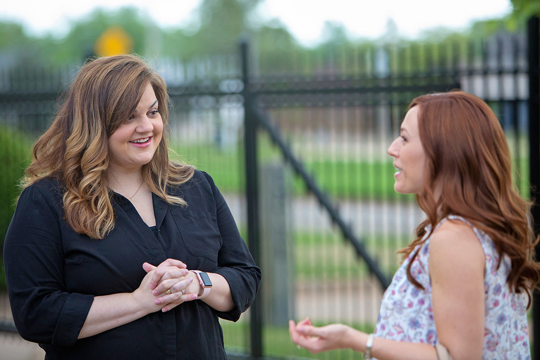Abby Johnson, left, talked with actress Ashley Bratcher, who plays her, on the set of the movie “Unplanned.” The movie details the story of Johnson, a former Planned Parenthood administrator who quit that job to join the pro-life movement after her up-close interaction with abortion.