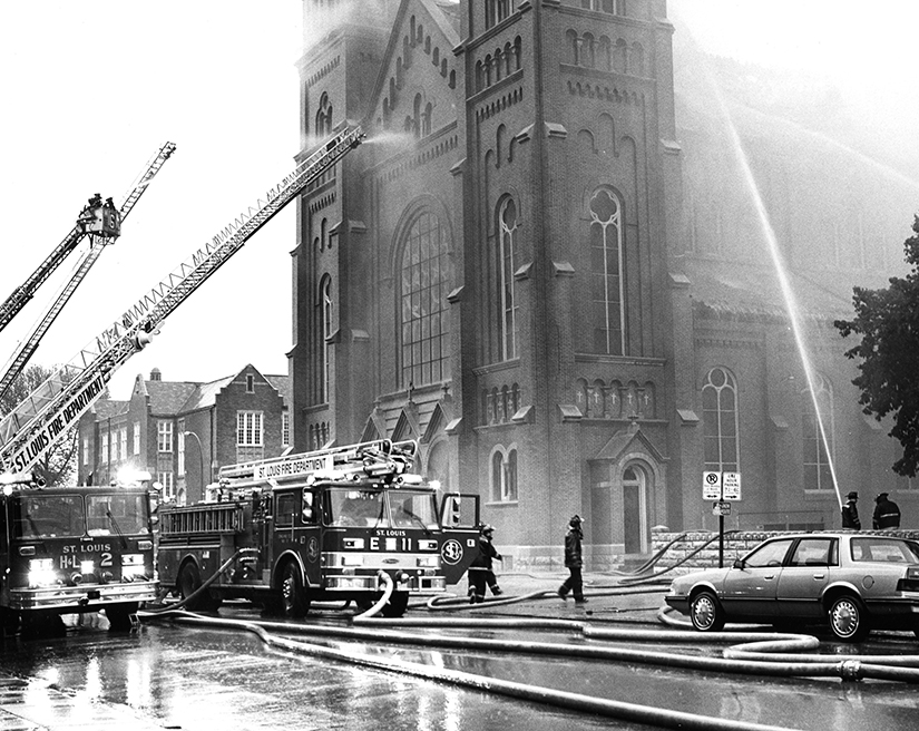 Firefighters attempted to control a fire at St. Anthony of Padua Church in south St. Louis in April 1994. The fire destroyed the church roof, and the full restoration of the church finished 2 years later.