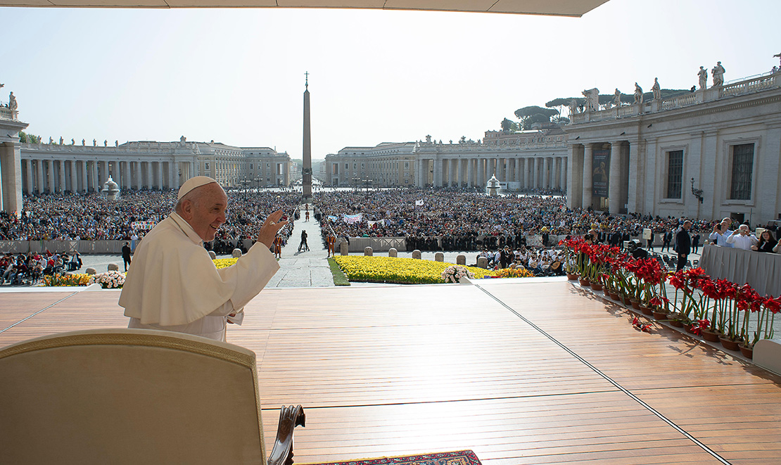 Pope Francis waved as he led his general audience in St. Peter’s Square at the Vatican April 24. The pope continued his catechesis on the “Our Father” by discussing how we are called to forgive others.