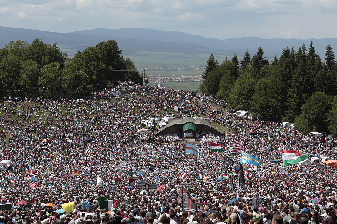 Pope Francis will visit the region’s largest Marian shrine in Romania June 1, 2019, where an annual Pentecost Saturday pilgrimage draws thousands, mainly ethnic Hungarians, to Csíksomlyo (Hungarian) or Sumuleu Ciuc (Romanian) as seen in this 2018 photo.