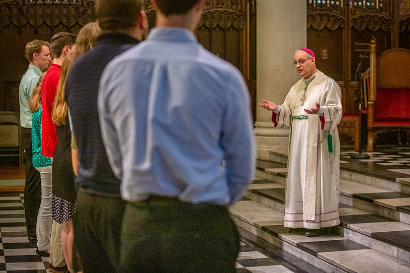 The 2019 Totus Tuus missionary teachers were blessed by Auxiliary Bishop Mark S. Rivituso at the St. Vincent de Paul Chapel at the Cardinal Rigali Center May 22. A dozen parishes will host Totus Tuus catechetical programs this summer.