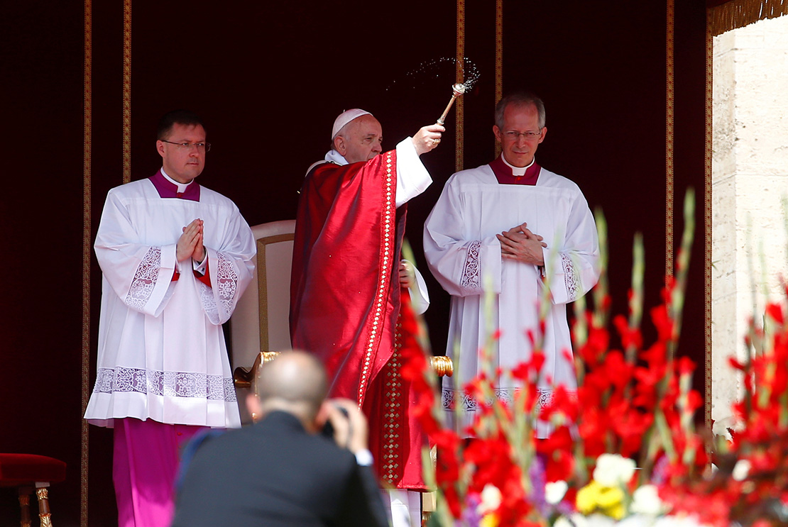 Pope Francis sprinkled holy water as he celebrated Pentecost Mass in St. Peter’s Square at the Vatican June 9. In a world of conflict and division and a culture of insult, people need to live filled with the Holy Spirit, who is the only one capable of bringing harmony and unity to diversity, Pope Francis said at Mass. “Those who live by the Spirit … bring peace where there is discord, concord where there is conflict.”