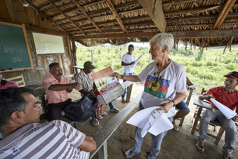 Sister Kathryn Webster, a member of the Sisters of Notre Dame de Namur from the United States, handed out a calendar promoting the Synod of Bishops on the Amazon to farmers in the countryside near Anapu, in Brazil’s northern Para state.