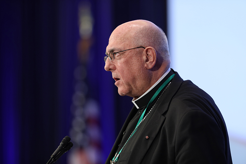 Archbishop Joseph F. Naumann of Kansas City, Kan., chairman of the U.S. bishops' Committee on Pro-Life Activities, spoke during the fall general assembly of the U.S. Conference of Catholic Bishops in Baltimore Nov. 11.