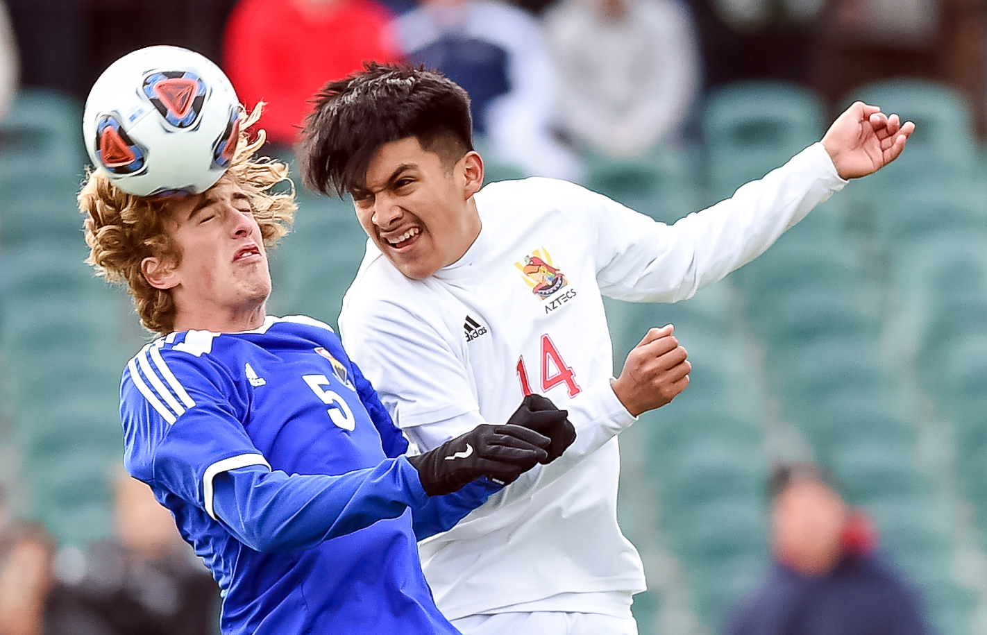 Priory's Steven Virtel (5) wons a head ball over Guadalupe Centers' Rodrigo Caballero during the MSHSAA Class 2 boys championship soccer game on Nov. 23, 2019, at World Wide Technology Soccer Park in Fenton.