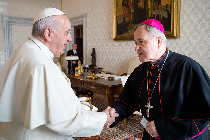 Pope Francis spoke with Archbishop Robert J. Carlson during a meeting with U.S. bishops from Iowa, Kansas, Missouri and Nebraska during their "ad limina" visits to the Vatican Jan. 16, 2020. The bishops were making their "ad limina" visits to the Vatican to report on the status of their dioceses to the pope and Vatican officials.