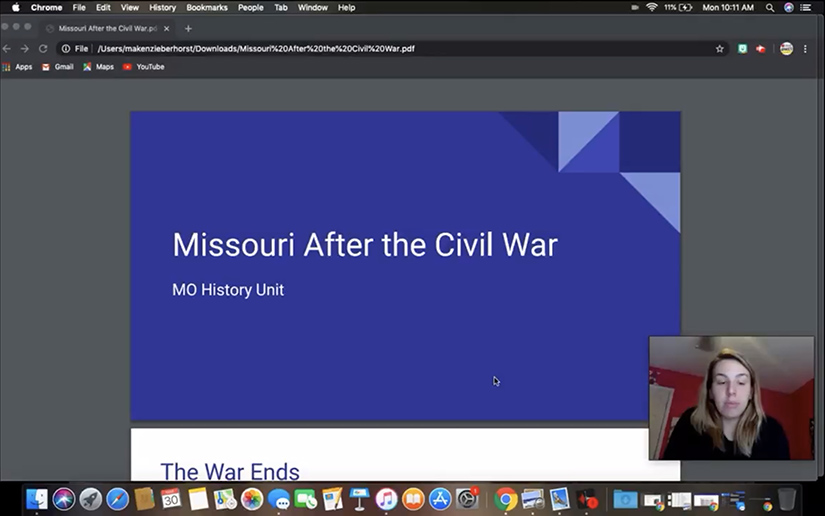 Kenzie Berhorst, a third-grade teacher at St. Margaret of Scotland school, taught a lesson on Missouri during and after the Civil War. With schools closed until at least April 22, teachers are making use of online learning platforms to help students.