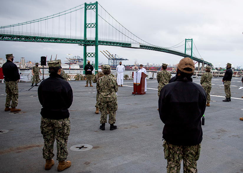 U.S. Navy sailors in Los Angeles attended Easter sunrise service on the flight deck aboard the hospital ship USNS Mercy April 12. The hospital ship is in Los Angeles to help the city fight the COVID-19 pandemic.
