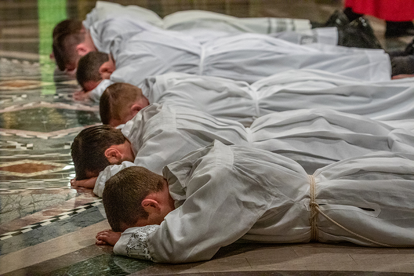 Six men were ordained to the transitional diaconate by Archbishop Robert J. Carlson at the Cathedral Basilica of Saint Louis May 2. During the litany of supplication Charles Archer, Mitchell Baer, Joseph Detwiler, Edward Godefroid, Jonathan Ruzicka and Ryan Truss lay prostrate on the cathedral basilica floor in a gesture of humility before God.