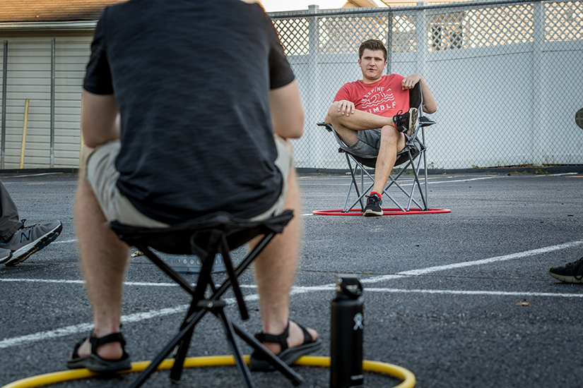 Grant Corsi shared his experiences during a discussion on racism in the parking lot outside Sacred Heart Parish in Valley Park on May 31. The parish’s youth group gathered for the first time since quarantine.
