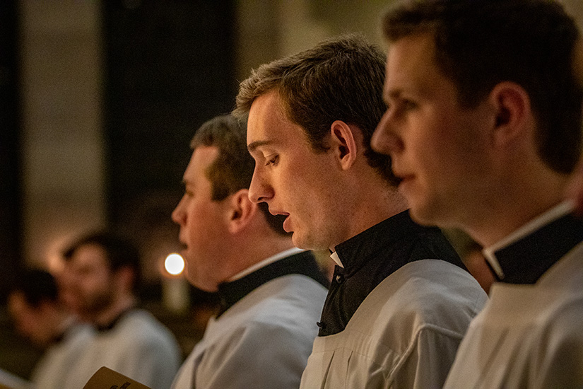Curtis Prize, a sophomore seminarian at Cardinal Glennon College, sang a hymn during the opening night of the Advent novena at Kenrick-Glennon Seminary on Dec. 4, 2019.
