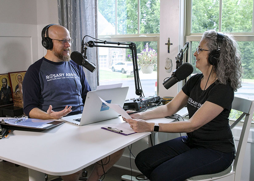 Greg and Jennifer Willits, founders of the Rosary Army, recorded a podcast July 6. The couple founded the Rosary Army more than 17 years ago to make and give away hand-tied twine rosaries.