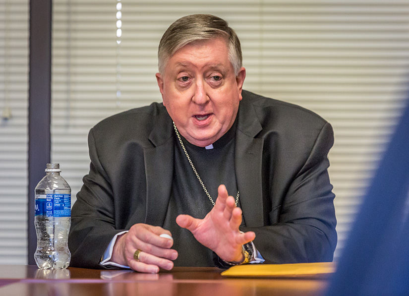 Archbishop Mitchell T. Rozanski spoke with reporter Jennifer Brinker during an interview at the Cardinal Rigali Center in St. Louis.