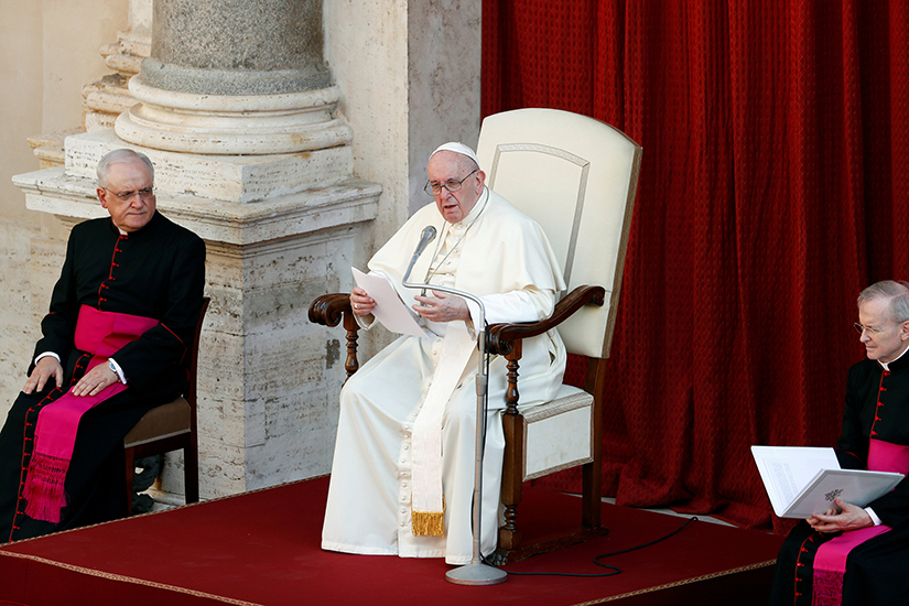 Pope Francis spoke during his general audience in the San Damaso courtyard at the Vatican Sept. 16.