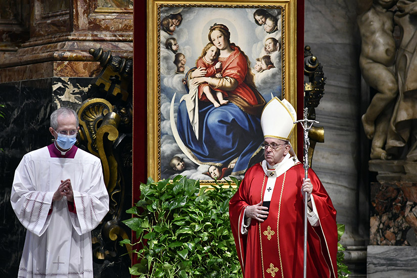 Pope Francis walked near a Marian painting as he celebrated a memorial Mass for the six cardinals and 163 bishops who died over the last year. The Mass was in St. Peter’s Basilica at the Vatican Nov. 5.