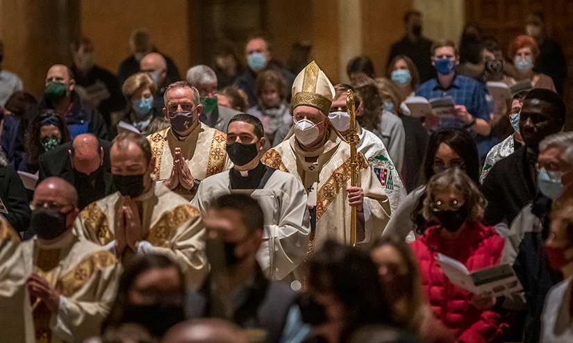 Archbishop Mitchell Rozanski processed in as he celebrated the annual Roe vs. Wade memorial Mass at the Cathedral Basilica of Saint Louis in St. Louis Jan. 16.