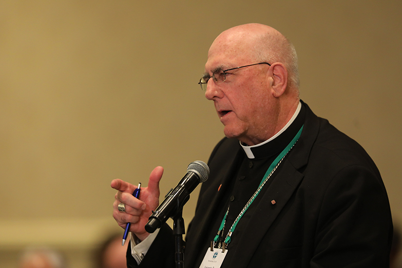 Archbishop Joseph F. Naumann of Kansas City, Kansas, chairman of the U.S. bishops' Committee on Pro-Life Activities, speaks at the assembly of the U.S. Conference of Catholic Bishops in Baltimore in 2019. 