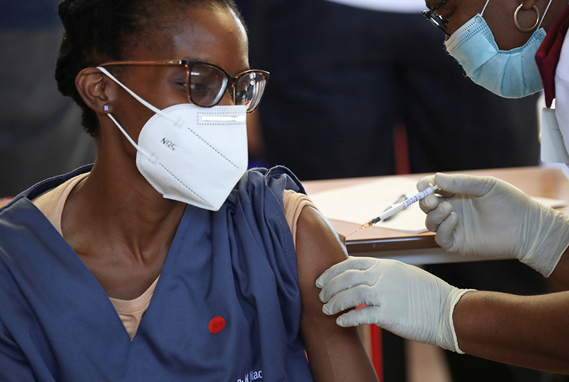 A health care worker received the Johnson and Johnson COVID-19 vaccine at a hospital in Soweto, South Africa, Feb. 17. U.S. bishops have said that while the Johnson & Johnson vaccine has links to abortion-derived cell lines, Catholics may be inoculated with that vaccine if alternatives are not available.