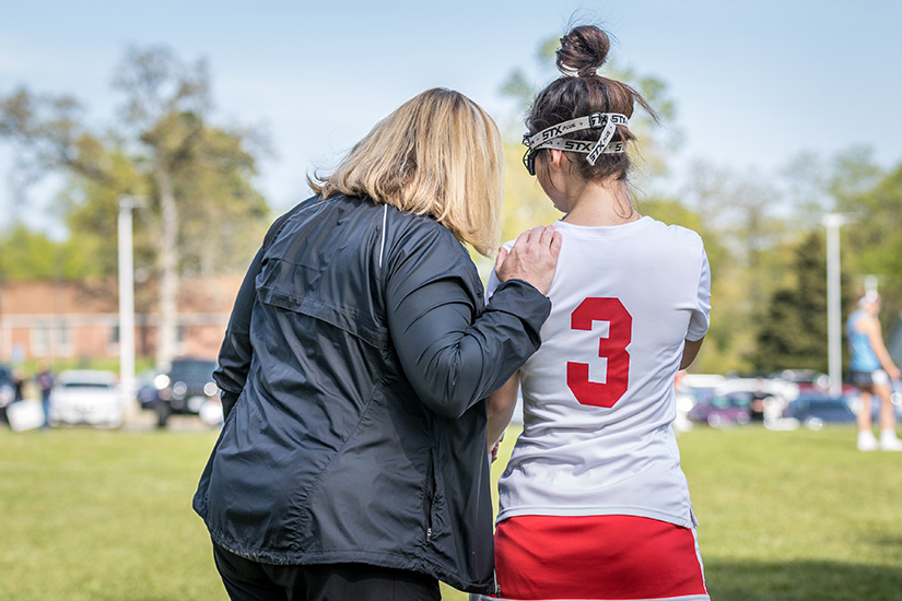Ursuline Academy Athletic Director Jen Brooks talked with Meg Lawson on sideline during a lacrosse game against Parkway West. She encouraged Lawson who replied, “Yeah, I’m always pumped on game day,” to which Brooks replied with a traditional Ursuline athletics slogan, “This is good!”