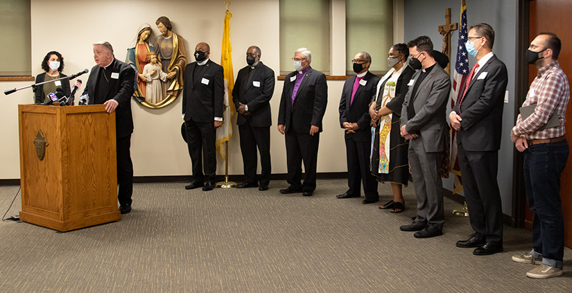 Archbishop Mitchell Rozanski joined area religious leaders in opposition to Missouri House Bill 944, which would allow a concealed weapon permit holder to bring a weapon into houses of worship without the permission of their congregation’s leader. The press conference was at the Cardinal Rigali Center on April 28.