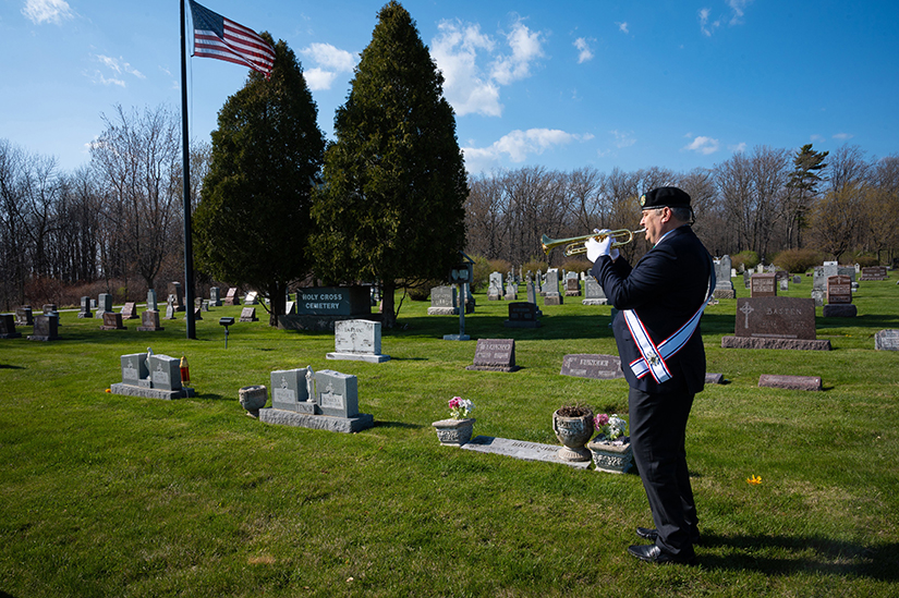 Bob Tuszynski, a fourth-degree Knight of Columbus, performed “Taps” on his trumpet at Holy Cross Cemetery in Bay Settlement, Wisconsin, on April 22. Tuszynski began the practice on Memorial Day last year and has continued to play nearly every day. By May 31, he will have performed “Taps” 1,000 times, he said.