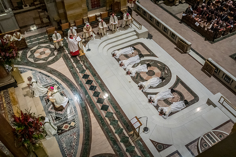 Archbishop Mitchell Rozanski ordained six priests for the Archdiocese of St. Louis May 29 at the Cathedral Basilica of Saint Louis. Fathers Charles Archer, Mitchell Baer, Joseph Detwiler, Edward Godefroid, Jonathan Ruzicka and Ryan Truss lay prostrate during the Litany of Supplication.