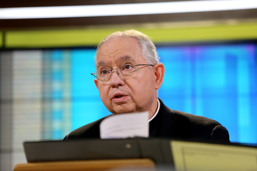 Archbishop José H. Gomez of Los Angeles, president of the U.S. Conference of Catholic Bishops, spoke at the USCCB headquarters in Washington during the opening of bishops’ three-day virtual spring meeting June 16.