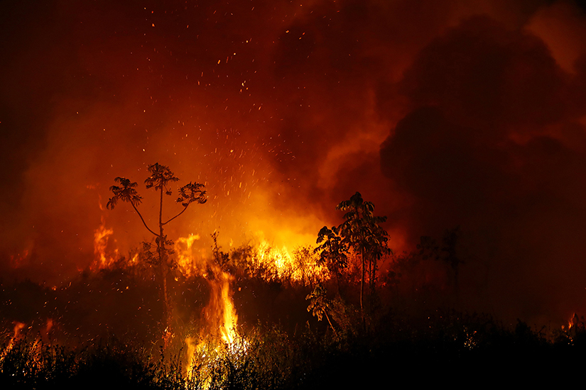 Smoke from a fire in Pocone, Brazil, rose into the air in September 2020 as trees burn among vegetation in the Pantanal, the world’s largest wetland.