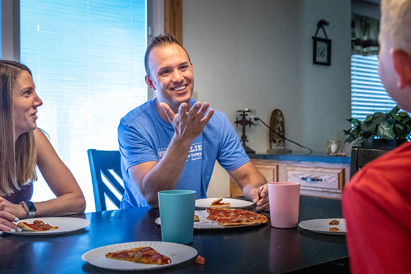 Charlie Backer enjoyed a pizza dinner with his wife, Kelly and children Carson, age 9, and Noelle age 7 at their home in St. Louis on Wed., Aug. 11.