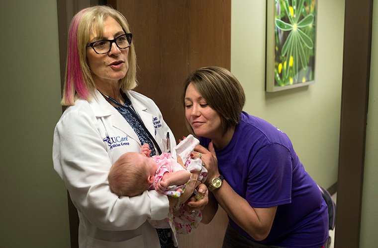 Dr. Jaye Shyken, left, greeted Jennifer Kostoff, a recovering addict from Granite City, Ill., and her then-6-week-old daughter, Rikki, last year at the SSM Health Woman and Infant Substance Help Center at SSM Health St. Mary’s Hospital in Richmond Heights. Dr. Shyken is medical director of the WISH Center, which offers comprehensive maternity care to pregnant women who are dependent on heroin or other opioid drugs.