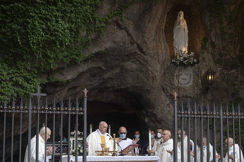 Pope Francis celebrated Mass for the Vatican police force, known as the gendarme, in the Lourdes grotto of the Vatican Gardens Oct. 2. Hostility, conflict, war are all fruit of the devil, the pope told Vatican police in his homily.