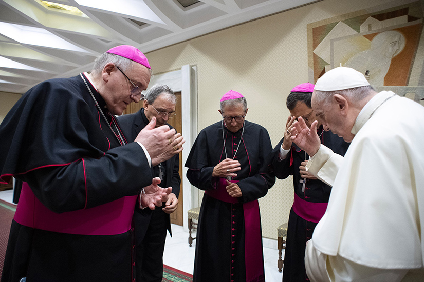 Pope Francis and four French bishops prayed for the victims of abuses committed by members of the clergy, prior to the pope’s general audience at the Vatican Oct. 6. The bishops were visiting Rome following a report on sexual abuse in France that estimates more than 200,000 children were abused by priests since 1950, and more than 100,000 others were abused by lay employees of Church institutions.