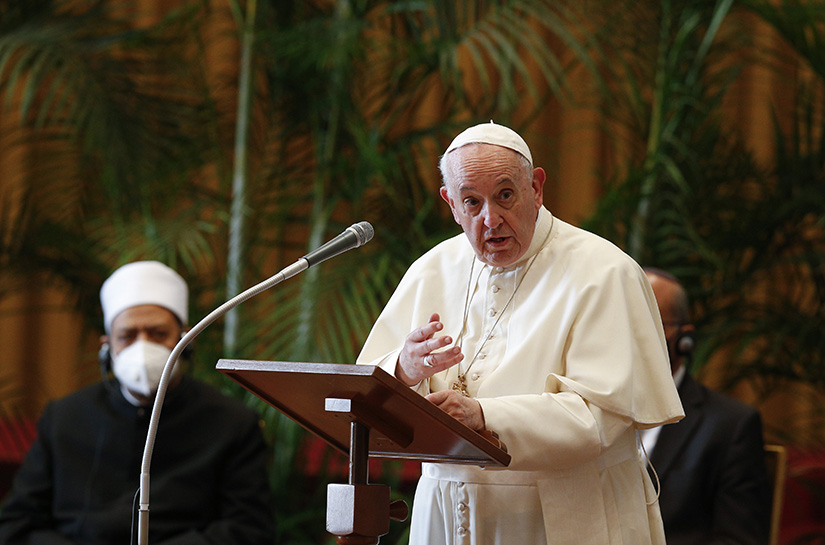 Pope Francis addressed the meeting, Faith and Science: Towards COP26, with religious leaders in the Hall of Benedictions at the Vatican Oct. 4. The meeting was part of the run-up to the U.N. Climate Change Conference, called COP26, in Glasgow, Scotland, Oct. 31 to Nov. 12.