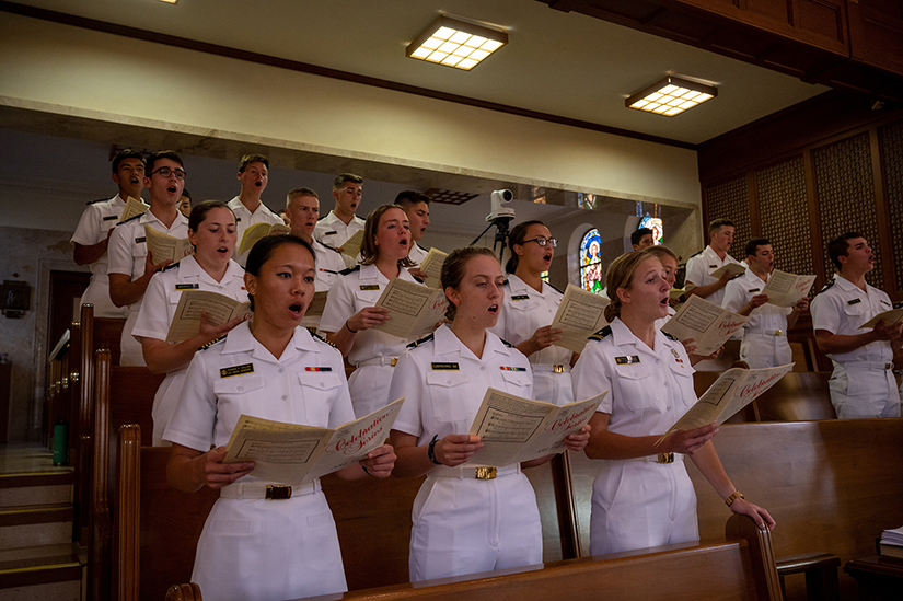 Members of the U.S. Naval Academy’s Catholic choir sang during the annual Sea Services Pilgrimage Mass at the National Shrine of St. Elizabeth Ann Seton in Emmitsburg, Maryland, on Oct. 3.