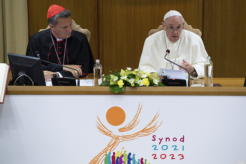 Pope Francis spoke during a meeting with representatives of bishops’ conferences from around the world at the Vatican Oct. 9. Also pictured is Maltese Cardinal Mario Grech, secretary-general of the Synod of Bishops.