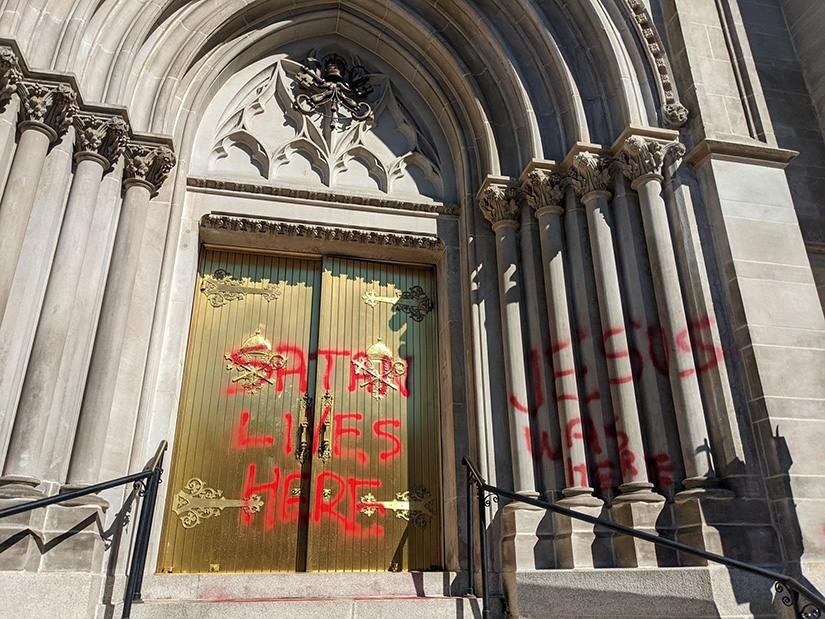 The Cathedral Basilica of the Immaculate Conception in Denver was vandalized Oct. 10, 2021.