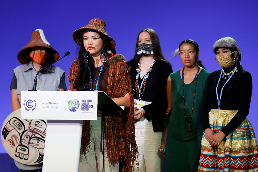 Members of a delegation representing Indigenous communities spoke during the U.N. Climate Change Conference in Glasgow, Scotland, Nov. 12. As the conference was nearing its final day, the Vatican delegation urged parties to deliver on the financing, resources and standards needed to achieve the objectives of the Paris Agreement.
