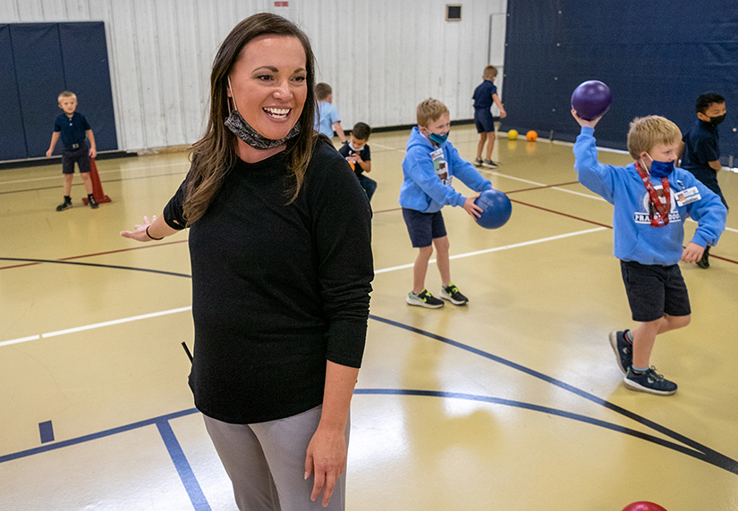 Mindy Fritz worked with students in her physical education classes at Immaculate Conception School in Dardenne Prairie.