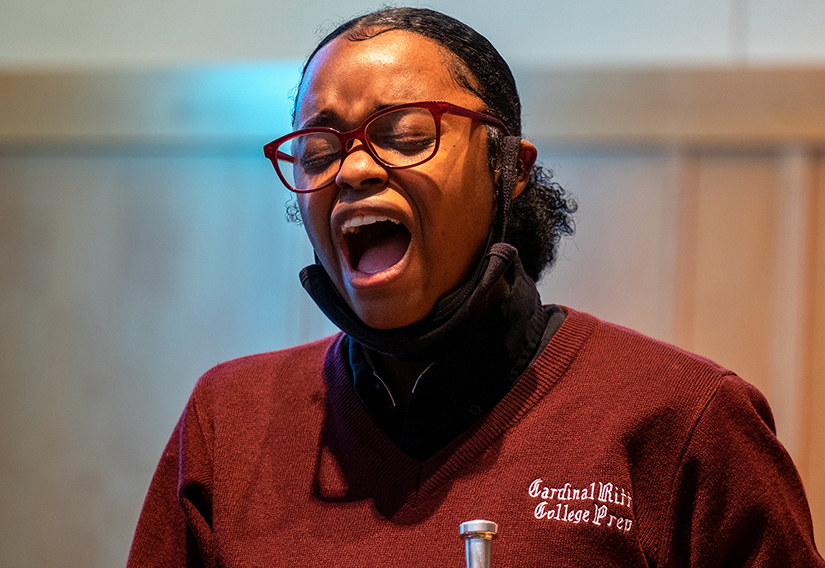 Cardinal Ritter College Prep senior Asia Brantley performed Billie Holiday’s anti-lynching song “Strange Fruit” in the school’s chapel Jan. 19 during rehearsals for the school’s upcoming theater presentation “Pandemic Parables: Our Stories, Our Experiences.” The presentation will document students’ perspectives of the pandemic.