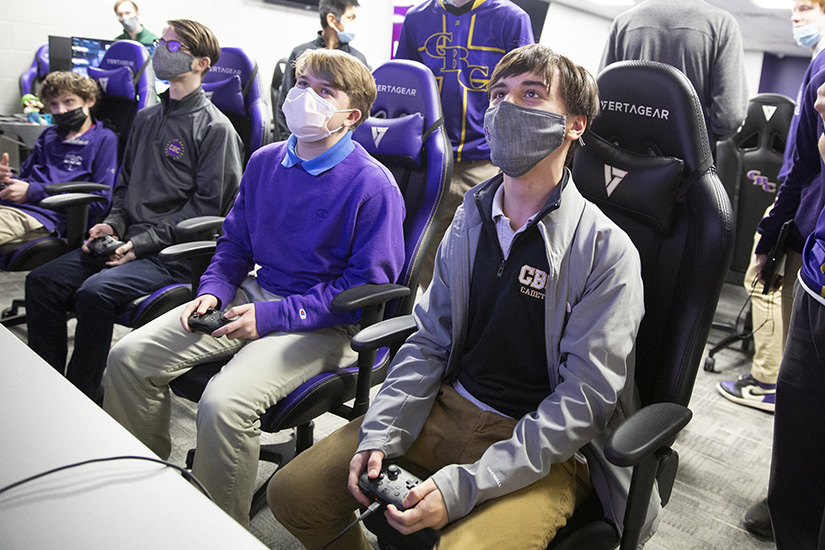Ryan Lensmeyer, right, and Cooper Banholzer, both sophomores at Christian Brothers College High School, played Super Smash Bros. Ultimate Feb. 15 in the esports facility at the high school. CBC debuted its esports program in 2019; it was among the first of a growing number of Catholic and other St. Louis area high schools to offer esports programs.