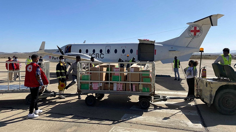 Workers from the International Committee of the Red Cross deliver medical supplies into Mekele, in the Tigray region of Ethiopia, Jan. 26. Ethiopian Cardinal Berhaneyesus Souraphiel of Addis Ababa is welcoming a humanitarian truce announced March 24.