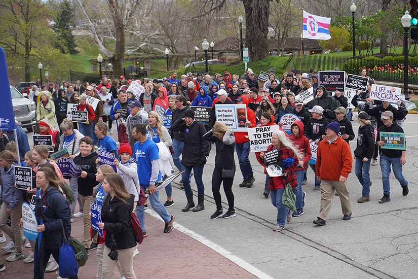 Participants in the 2022 Midwest March for Life in Jefferson City, Missouri, marched past the governor’s mansion April 20.