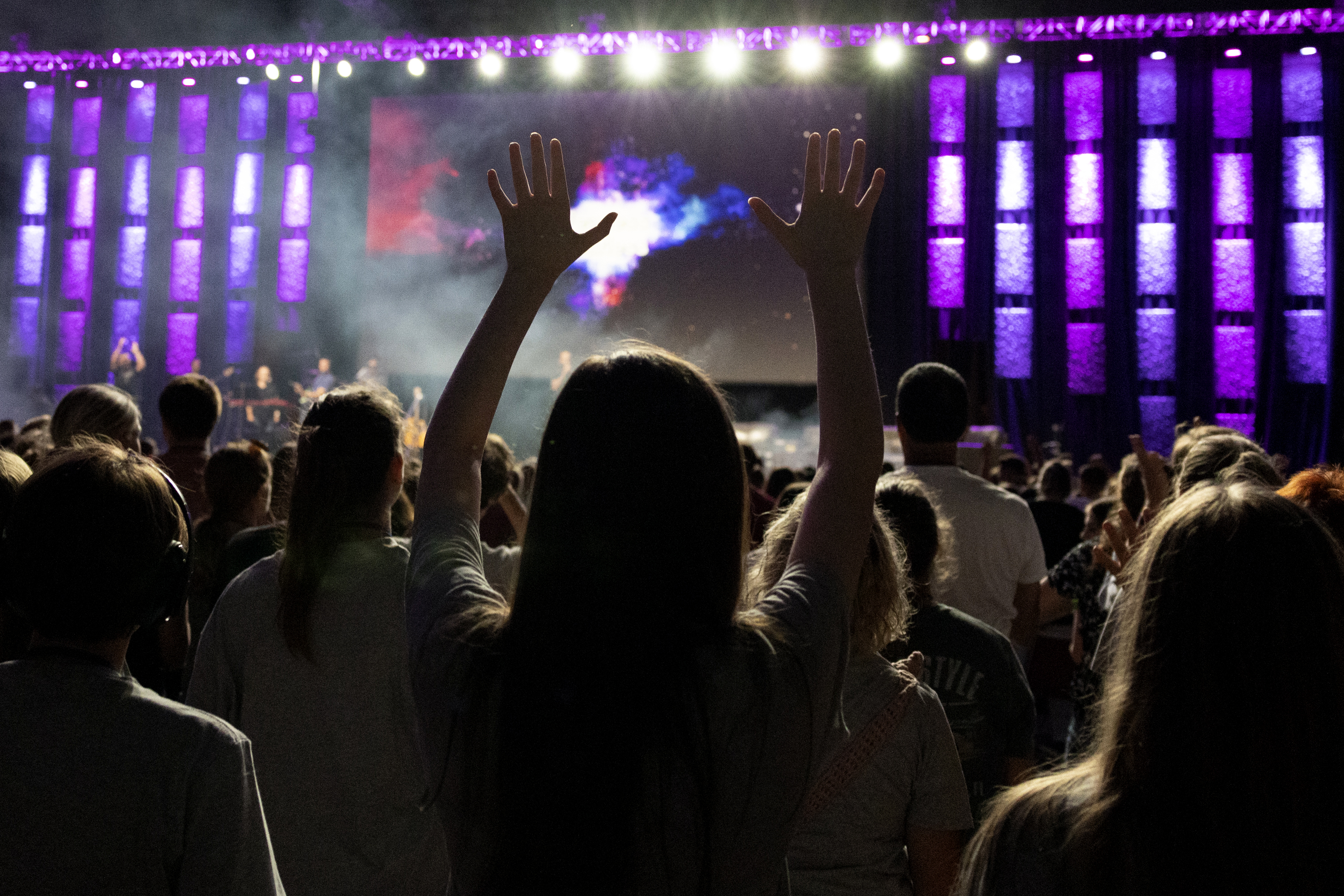 A conference attendee raised their hands during week two of the Steubenville St. Louis Mid-America Youth Conference on July 15 at the Great Southern Bank Arena in Springfield, Missouri.