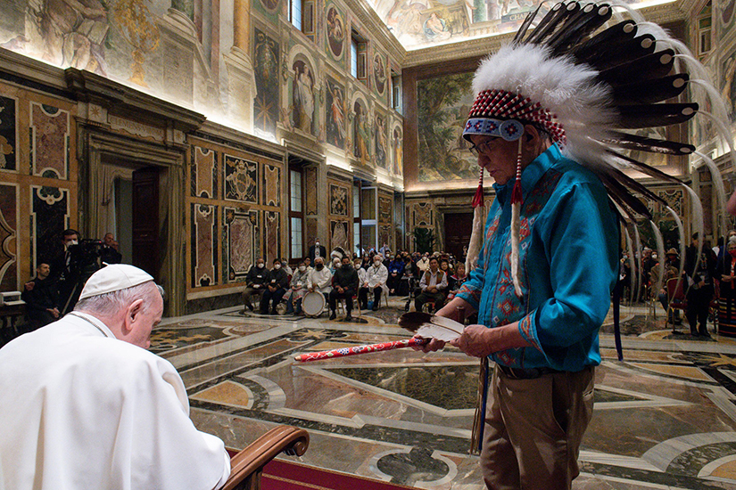 Elder Fred Kelly, a spiritual adviser to the First Nations’ delegation that met with Pope Francis, prayed for the pope during a meeting with Indigenous elders and others from Canada April 1. The pope will visit Canada July 24-29, with an emphasis placed on meeting with Indigenous people.