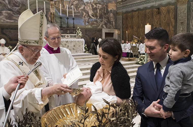 Pope Francis baptized an infant Jan. 7 in the Vatican’s Sistine Chapel. At his general audience May 21, the pope said that all parents and godparents must teach the faith to children and “feed the flame of baptismal grace in their little ones, helping them persevere in the faith.”