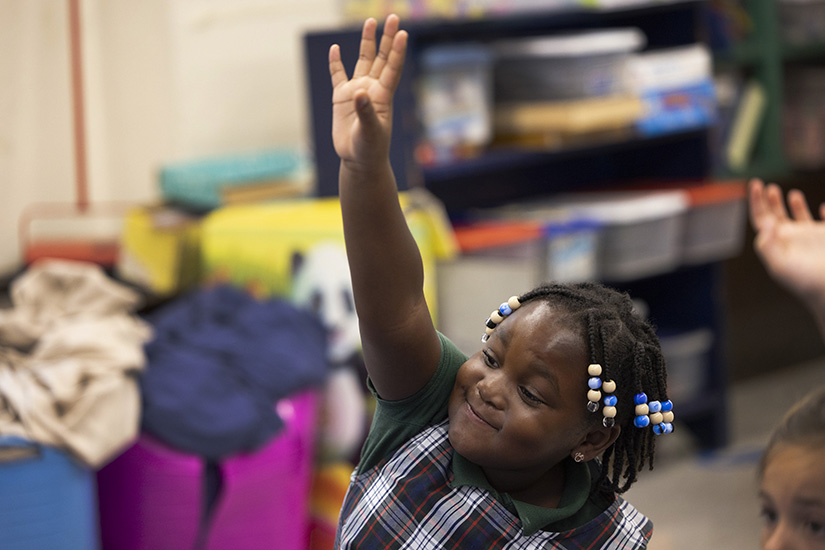 Kindergartener Rian Pargo was eager to answer during class Aug. 29 at St. Roch School in St. Louis. Rian is a Missouri Empowerment Scholarship Accounts (MOScholars) recipient.