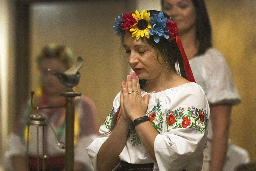 Olesia Pazmino, originally from Ukraine and now living in St. Louis, prayed at a Panakhyda prayer service for the dead Aug. 27 at St. Mary’s Assumption Ukrainian Catholic Church in south St. Louis County. The prayer service was part of a celebration marking Ukrainian Independence Day Aug. 24.