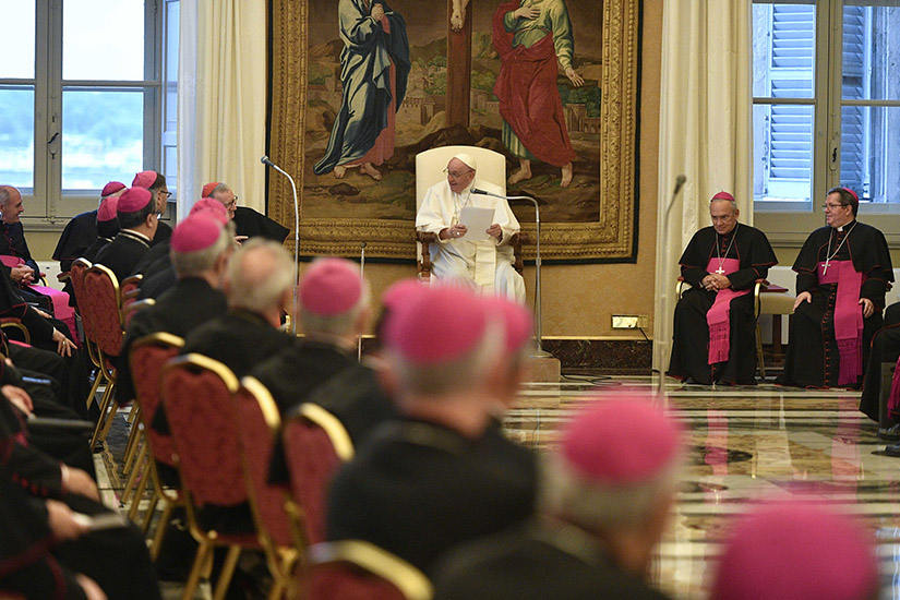 Pope Francis met with papal nuncios from around the world at the Vatican Sept. 8. The pope said that Europe and the entire world are being shaken by “a particularly serious war, due to the violation of international law, the risks of nuclear escalation and the drastic economic and social consequences.”