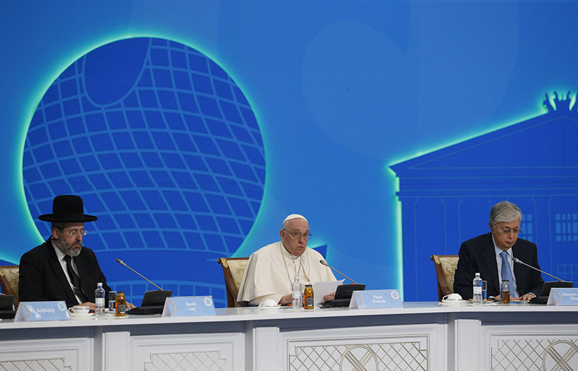 Pope Francis spoke after the reading of a final declaration during the conclusion of the Congress of Leaders of World and Traditional Religions at the Palace of Peace and Reconciliation in Nur-Sultan, Kazakhstan, Sept. 15. Also pictured are David Baruch Lau, left, the Ashkenazi chief rabbi of Israel, and Kazakh President Kassym-Jomart Tokayev.