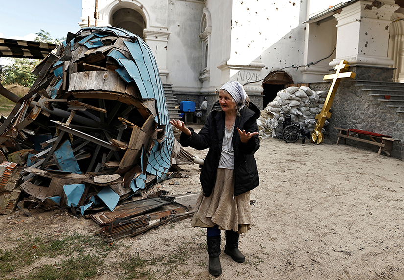 Lyudmiyla, 64, spoke outside the Lavra monastery complex in Svyatohirsk, Ukraine, Oct. 3. During fierce battles between Russian troops and Ukrainian forces, she and scores of other Ukrainians spent weeks in the basement of the monastery.